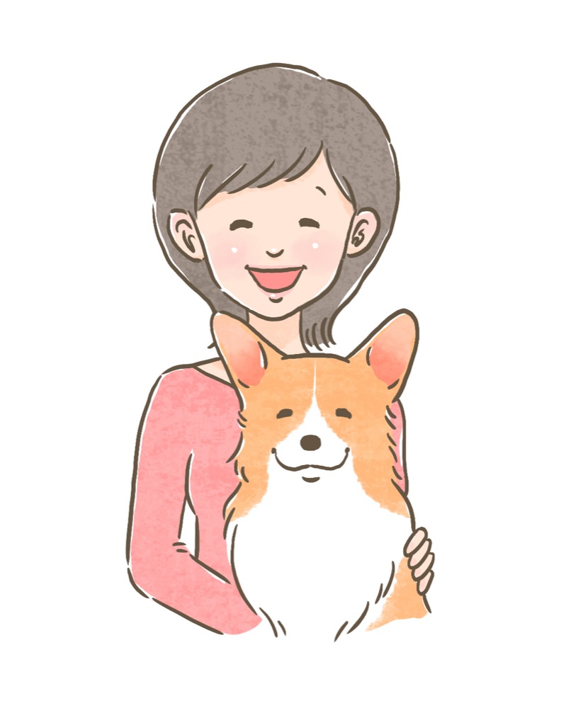 スタッフに抱かれるコーギーのイラスト
