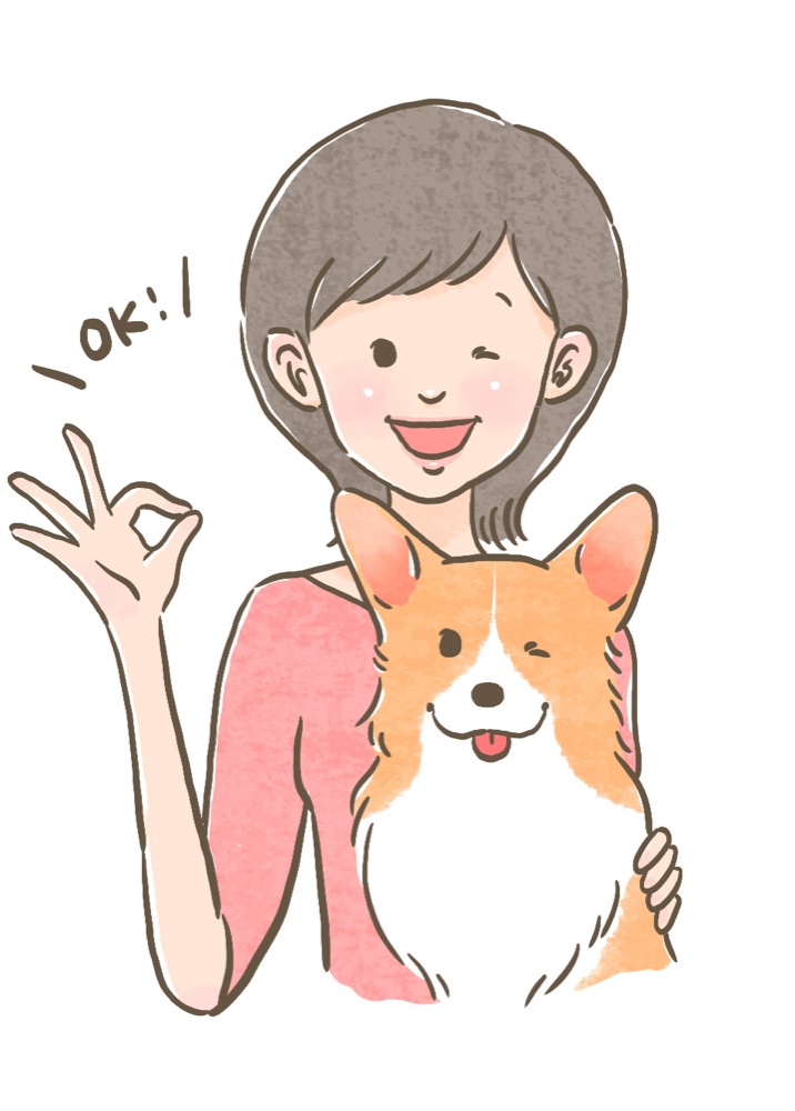 ウィンクするコーギーとスタッフのイラスト